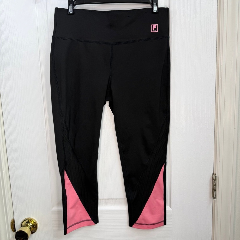 FILA black pink cropped capri tummy control athletic active leggings drawstring
